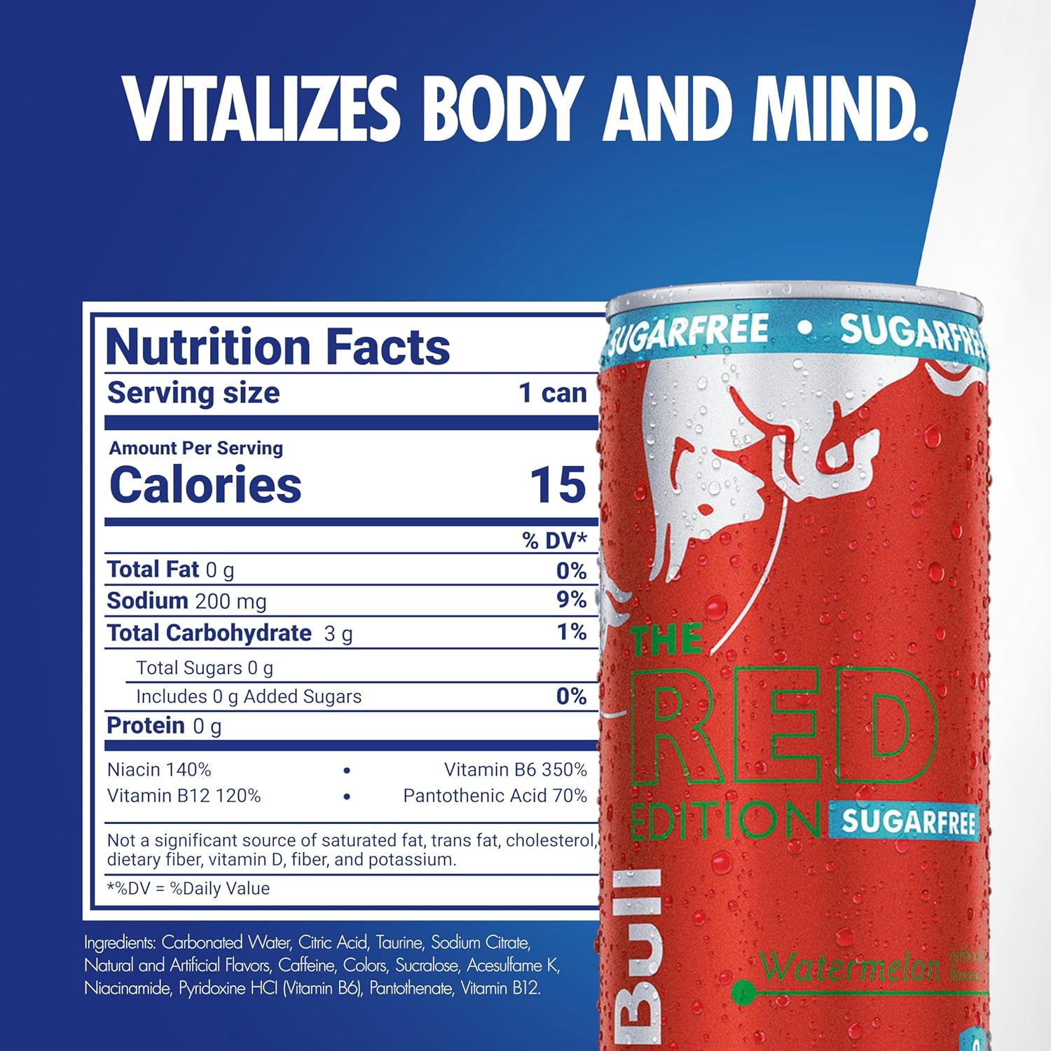 Red Bull Red Edition Sugar Free Energy Drink, Watermelon,12 Fl Oz, Pack of 24 Cans